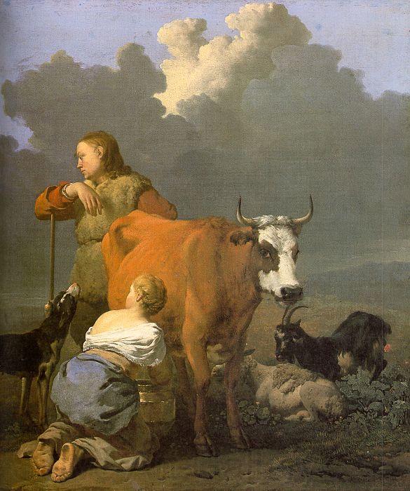 DUJARDIN, Karel Woman Milking a Red Cow ds France oil painting art